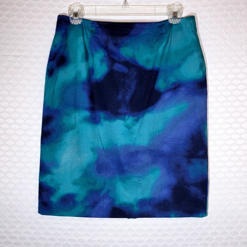 Jones Wear Stretch Teal Blue Watercolor Abstract Pencil Skirt Size 6 Knee Length